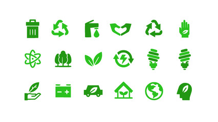 Obraz premium Modern green recycling and sustainability icon collection. Features waste management, eco-friendly products, renewable resources, environmental care, and green technology symbols.