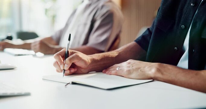 Person, hands and writing with book in office for schedule planning, reminder or post. Employees, colleagues or taking notes with notebook or diary for business agenda, task or checklist in workplace