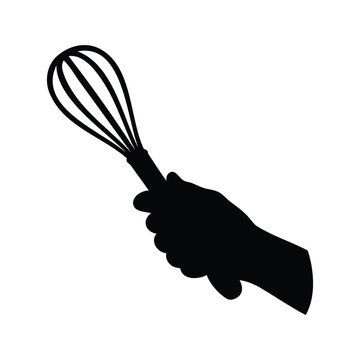 Hand holding a whisk in a kitchen, black and white silhouette vector illustration, hand whisk silhouette vector illustration