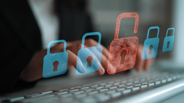 Digital security concept illustrating a cybersecurity breach, with a red unlocked padlock indicating data exposure among secure systems, emphasizing system vulnerability and risk Marrow