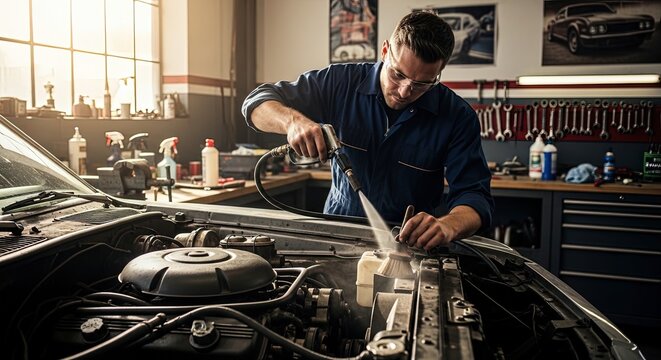 Mechanic in a garage pouring oil into the engine of a car auto repair car maintenance engine oil mec