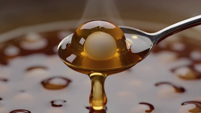 A single tapioca pearl is lifted from sweet syrup with a spoon