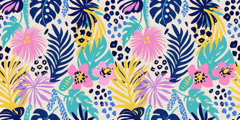 Vibrant tropical floral pattern with palm leaves hibiscus and spotted elements © Topoti