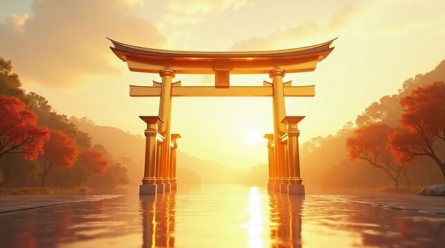 Golden Torii Gate at Sunrise Reflecting on Water &ndash; 朝日に輝く鳥居と水面の反射