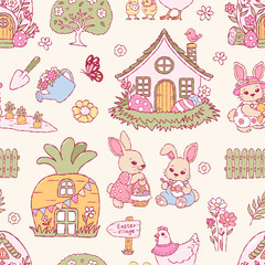 Fototapeta premium Easter Village Seamless Pattern, Trendy Hand Drawn Bunny Spring Town Digital Paper, Vintage Cottage Repeat Pattern Design Vector