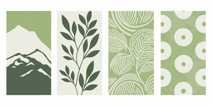 Four vertical panels showcasing botanical and mountain themed green designs