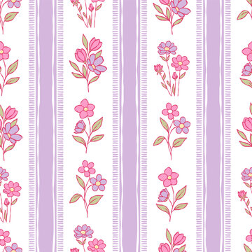 Spring Floral Seamless Pattern, Trendy Hand Drawn Tiny Daisy Digital Paper, Pink Purple Blossom Repeat Pattern Design Vector