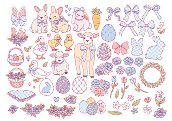 Coquette Easter Collection Vector,  Hand Drawn Blue Gingham Doodle, Cute Blue Toile Baby Animals Easter Hand Drawn Design Vector