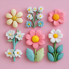 Fototapeta premium Collection of cute stylized 3D flowers for spring designs