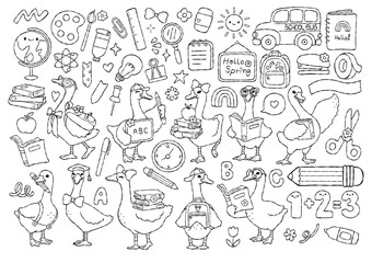 Obraz premium Spring Goose School Collection Outline Vector, Kawaii Back to school Line Art Doodle, Groovy Teacher Coloring Page Hand Drawn Design
