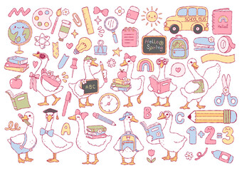Spring Goose School Collection Vector, Kawaii Back to school Doodle, Groovy Teacher Hand Drawn Design Vector