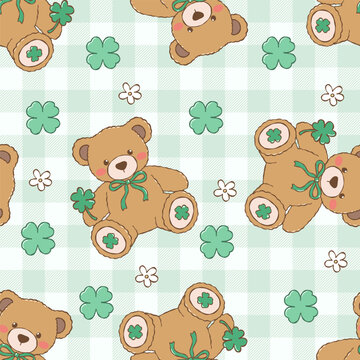 Lucky Teddy Bear Seamless Pattern, St. Patricks Day Digital Paper, Kawaii Teddy and Green Bow Repeat Pattern Design Vector