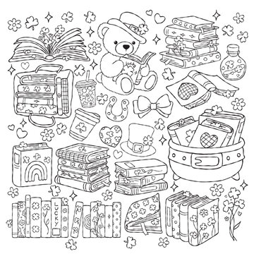 St. Patrick Bookish Collection Outline Vector, Lucky Teddy Reading Line Art Doodle, Lucky Reader Coloring Page Hand Drawn Design