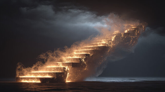 A staircase is lit on fire and is surrounded by water. The fire is orange and the water is dark blue. The scene is dramatic and intense