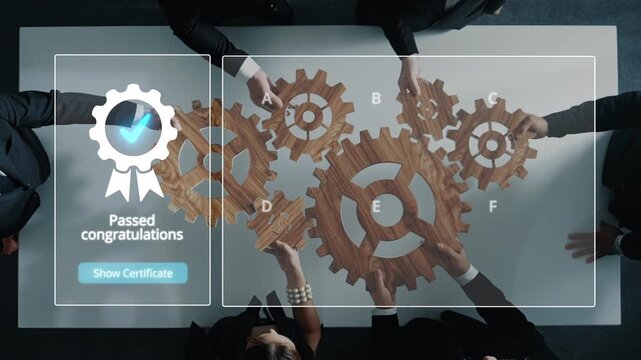 This image showcases a modern office setup where team members collaborate over gears, displaying a digital achievement certificate symbolizing success and teamwork. Raster