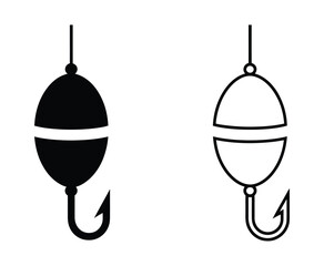 Fishing bobber float icon set. Simple black silhouette graphic of fishing tackle and equipment. Vector illustration for angling, hobby, and sport design elements. Fish hook lure © muni