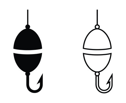 Fishing bobber float icon set. Simple black silhouette graphic of fishing tackle and equipment. Vector illustration for angling, hobby, and sport design elements. Fish hook lure