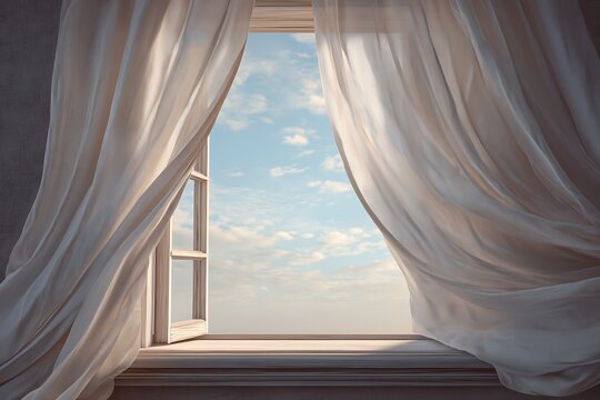 Open window with curtains blowing in wind