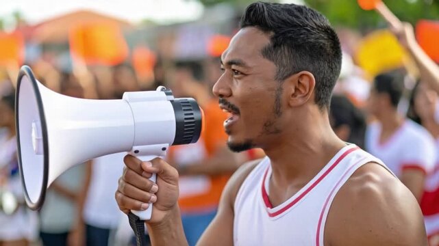 Assertive man with megaphone speaking to a diverse crowd at a public event