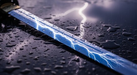 Sword on Wet Surface with Lightning and Water Droplets Reflection