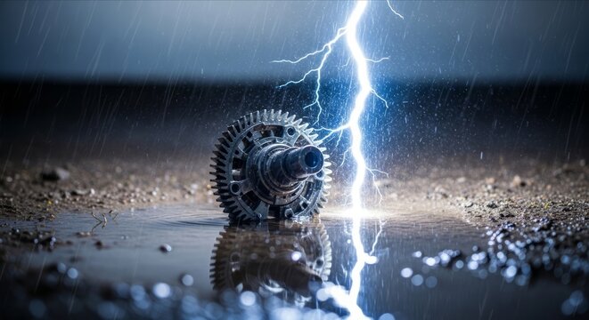Industrial Component with Lightning in Rainy Background at Night