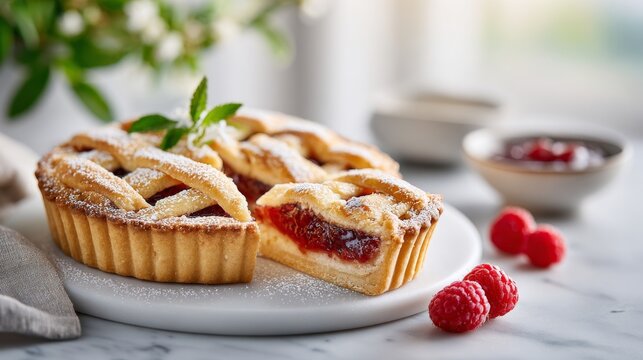 Italian style mascarpone and raspberry jam tart with golden lattice crust, sliced to reveal creamy layers and glossy red filling on marble counter.
