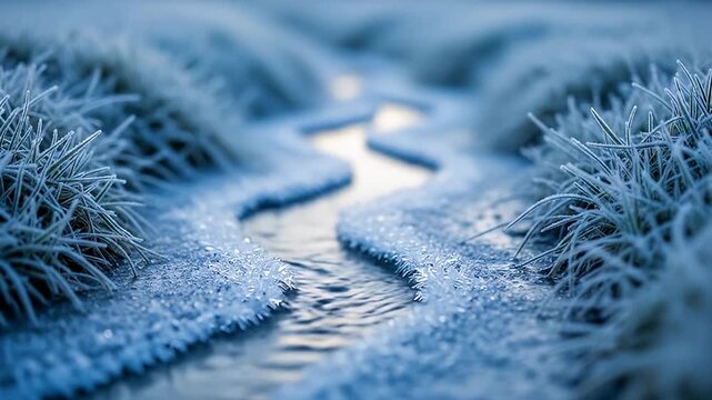 Serene winter landscape featuring a small stream winding through frosted grass