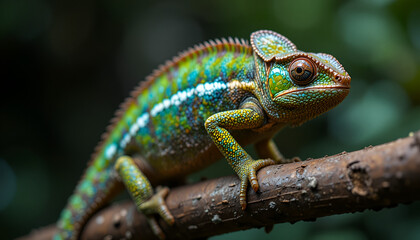 Fototapeta premium A vibrant chameleon perched on a branch in a lush green environment