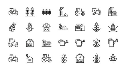 A grid of blackandwhite line icons related to farming including tractors crops and buildings © Julian Vance
