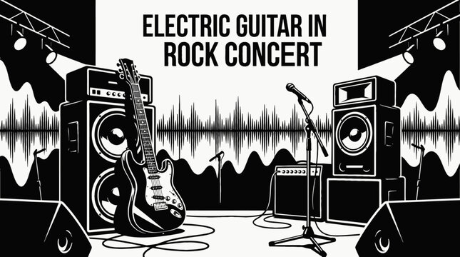 electric guitar on a rock concert stage with speakers and lighting black and white vector scene featuring representing live music energy and performance