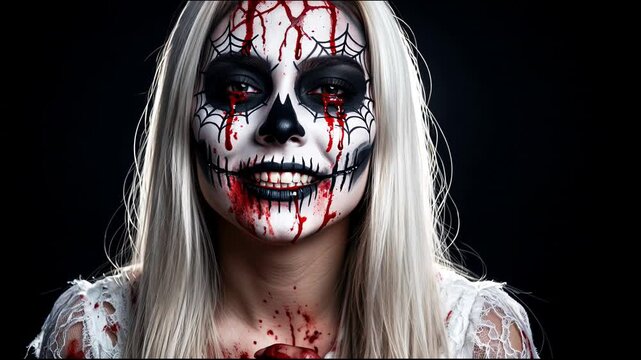 Creepy skull makeup with blood drips mysterious female portrait dark artistic face paint spooky celebration concept