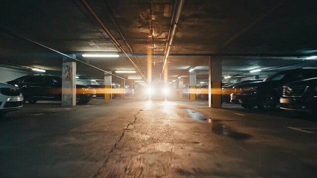 Dimly lit, concrete underground parking garage interior with several dark colored automobiles parked along the rows under fluorescent lights.