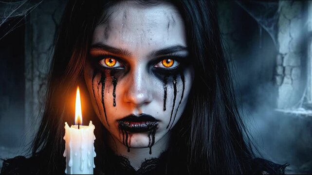 Mysterious woman with candles in abandoned castle dark atmosphere concept dramatic portrait supernatural beauty spellcasting witchcraft ritual, eerie lighting