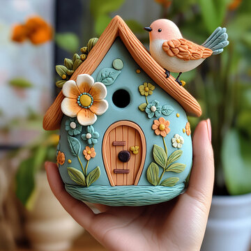 Handmade clay birdhouse with floral and bird decoration