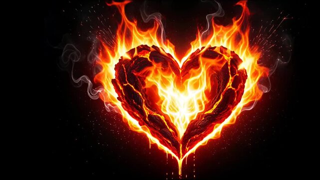 Burning heart with intense flames passionate love concept dramatic fire effect, symbol of desire and energy, fiery valentine's day background
