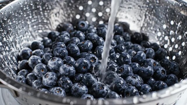 Fresh blueberries being washed by a stream of water in a colander