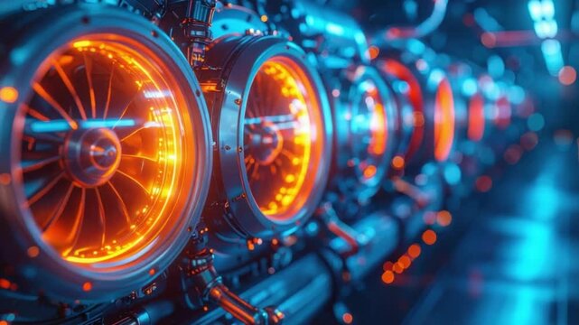 Futuristic engine glowing with vibrant orange and blue light technology