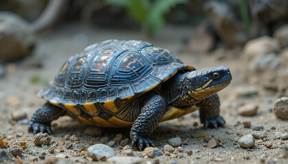 A small turtle walking on dirt and rocks in a natural environment