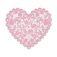 Intricate pink lace heart with delicate floral patterns isolated on transparent background