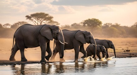 Naklejka premium Herd of African elephants, including young calves, walking through shallow water in a dusty savanna landscape at sunrise. Peaceful wildlife scene showing family bonding and natural habitat.