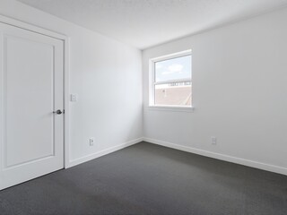 Bright empty room with white walls, window and gray carpet. Minimal residential interior ready for furnishing.