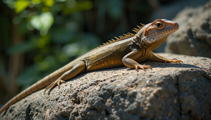 Obraz premium A small lizard is basking in the sun on a large rock in a natural outdoor setting.