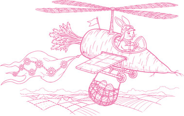 Easter Bunny's Carrot Helicopter: A Whimsical Journey with Eggs and Flowers.