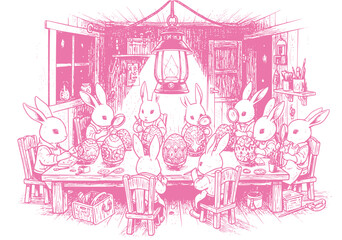 Easter Bunnies Decorating Eggs: A Festive Scene in a Cozy Pink Cottage