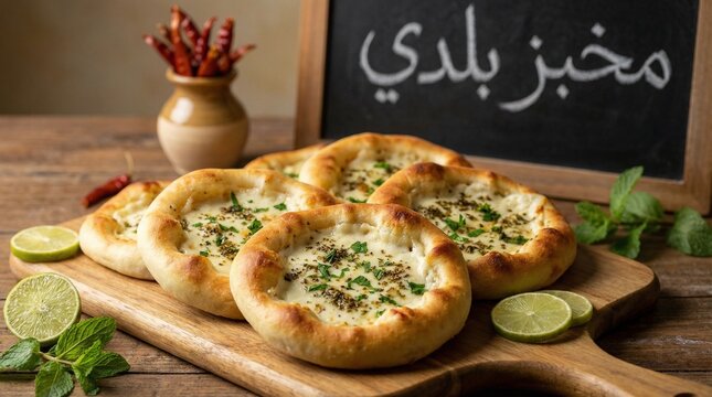 Traditional open cheese sfiha (esfiha) with lime and mint on a wooden board.