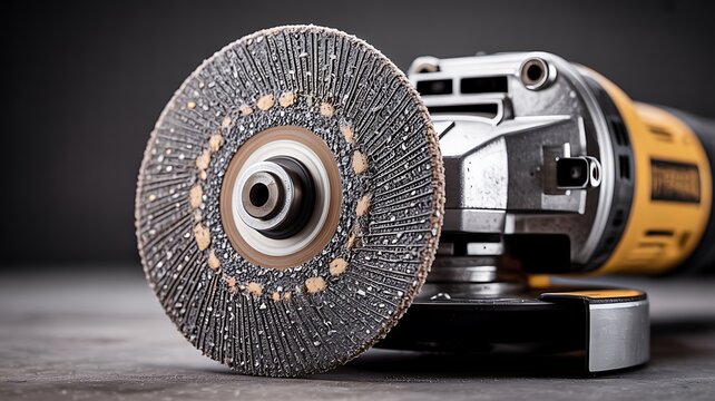 Electric angle grinder with abrasive flap disc on dark background