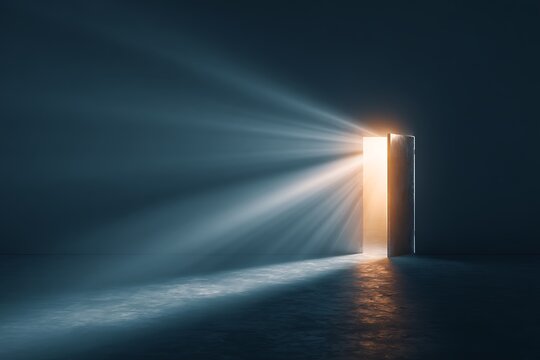 Open door revealing bright light rays, new opportunities