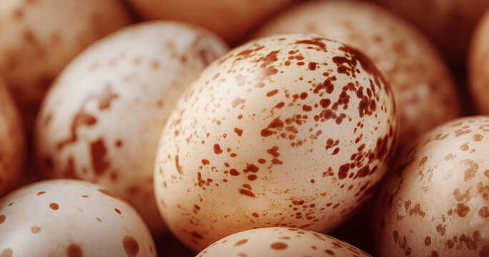 Brown speckled wild bird eggs in a group for nature background or wildlife theme