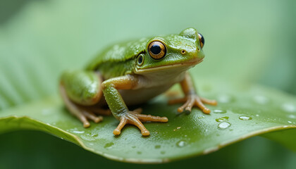 Fototapeta premium A small green frog sitting on a leaf with water droplets in a natural environment