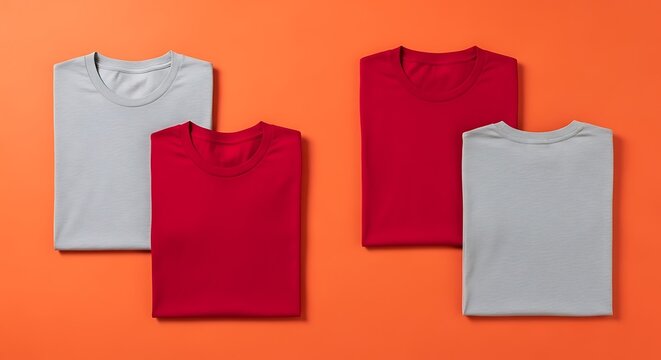 Collection of Folded T Shirts in Red and Grey on Orange Background